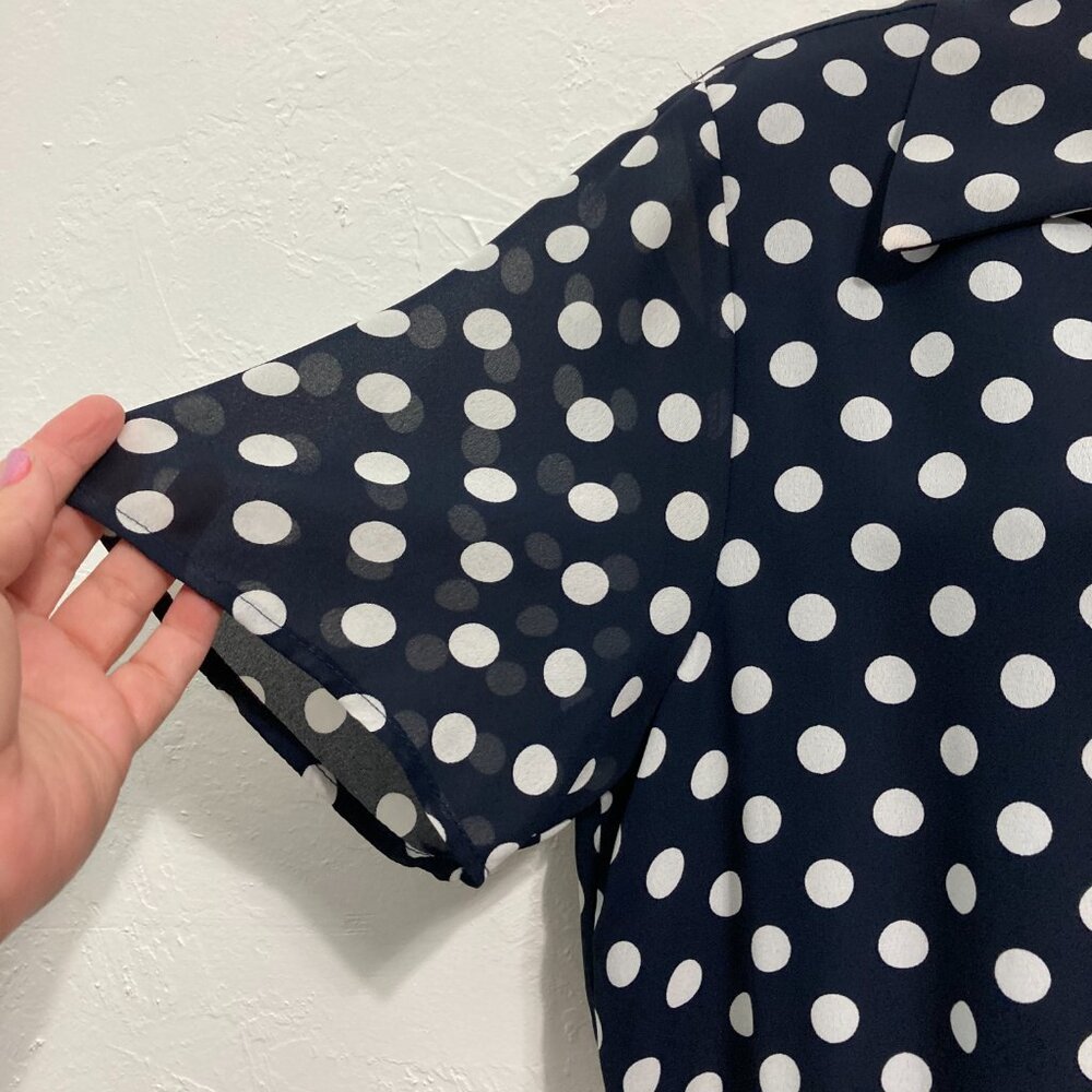 VINTAGE Brown Stone Studio Midi Dress Button Front Blue Polka Dot Cottage Sheer - Picture 8 of 13